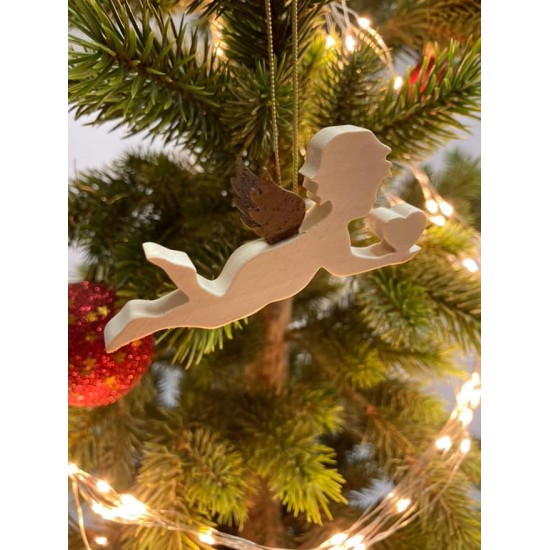 Ahorn Engel mit Rostflügel Engel fliegend mit Herz - Ahornholz und Edelrostflügel - Weihnachtsbaumschmuck zum Hängen - Breite 8 