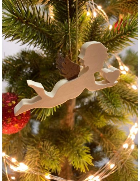 Ahorn Engel mit Rostflügel Engel fliegend mit Herz - Ahornholz und Edelrostflügel - Weihnachtsbaumschmuck zum Hängen - Breite 8 