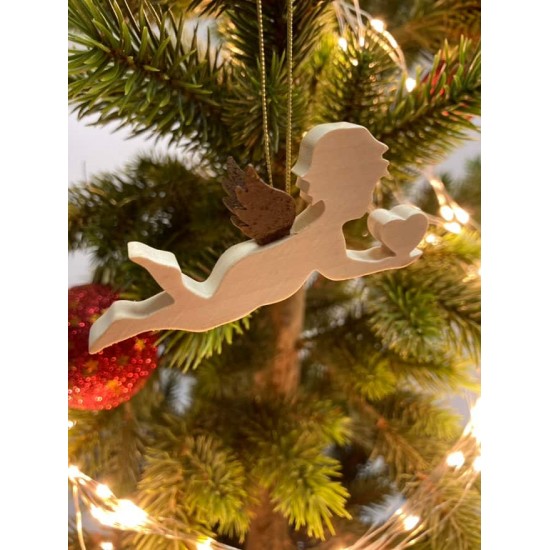 Ahorn Engel mit Rostflügel Engel fliegend mit Herz - Ahornholz und Edelrostflügel - Weihnachtsbaumschmuck zum Hängen - Breite 8 