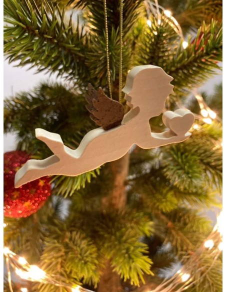 Ahorn Engel mit Rostflügel Engel fliegend mit Herz - Ahornholz und Edelrostflügel - Weihnachtsbaumschmuck zum Hängen - Breite 8 