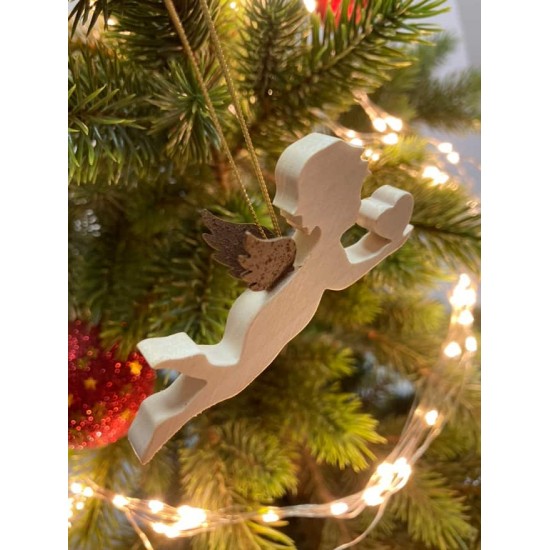 Ahorn Engel mit Rostflügel Engel fliegend mit Herz - Ahornholz und Edelrostflügel - Weihnachtsbaumschmuck zum Hängen - Breite 8 