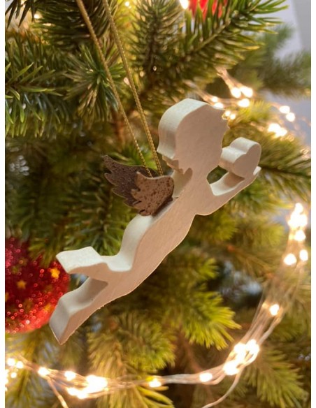 Ahorn Engel mit Rostflügel Engel fliegend mit Herz - Ahornholz und Edelrostflügel - Weihnachtsbaumschmuck zum Hängen - Breite 8 