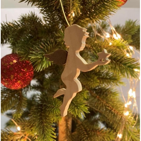 Ahorn Engel mit Rostflügel Engel mit Stern - Ahornholz Engel mit Edelrost Flügel - Weihnachtsbaumschmuck zum Hängen - Typ 4 Höhe