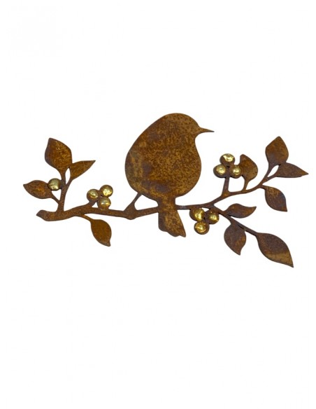 Gartendeko Rost Goldbeerenast mit Vogel - Ø 24 cm - zum Hängen 
Breite24 cm
Verziert mit Goldpunkten
