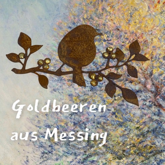 Gartendeko Rost Goldbeerenast mit Vogel - Ø 24 cm - zum Hängen 
Breite24 cm
Verziert mit Goldpunkten
