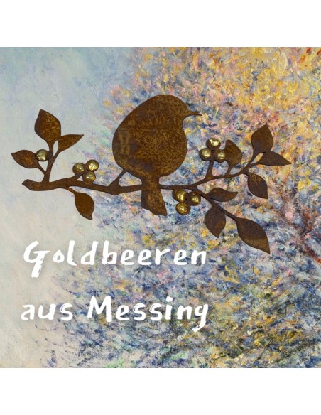 Gartendeko Rost Goldbeerenast mit Vogel - Ø 24 cm - zum Hängen 
Breite24 cm
Verziert mit Goldpunkten
