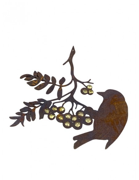 Gartendeko Rost Goldbeerenast mit Vogel - 22x22 cm - zum Hängen 
Höhe 22 cm
Breite 22 cm
Verziert mit Goldpunkten
