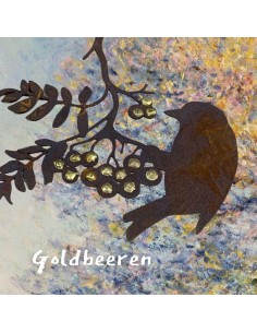 Gartendeko Rost Goldbeerenast mit Vogel - 22x22 cm - zum Hängen 
Höhe 22 cm
Breite 22 cm
Verziert mit Goldpunkten
 2