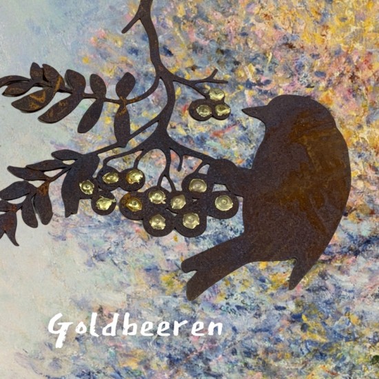 Gartendeko Rost Goldbeerenast mit Vogel - 22x22 cm - zum Hängen 
Höhe 22 cm
Breite 22 cm
Verziert mit Goldpunkten
