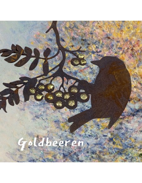 Gartendeko Rost Goldbeerenast mit Vogel - 22x22 cm - zum Hängen 
Höhe 22 cm
Breite 22 cm
Verziert mit Goldpunkten
