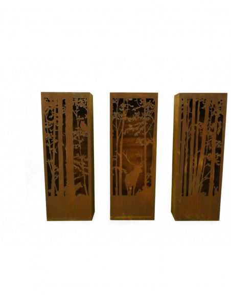 Wald + Wild 3er Set Rostsäulen Hirsch und Wald Szene 

Höhe 120 cm
Tiefe 20 cm
Breite 40 cm
Achtung! Versand nur innerhalb 