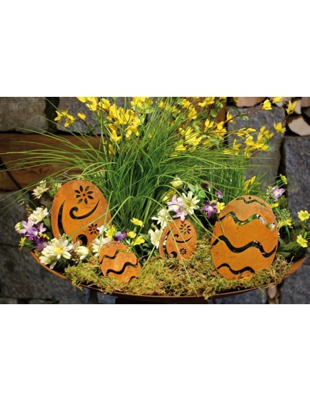 Ostereier Deko Deko Osterei Metall Rostig mit Ornamentmotiv, Höhe 8 cm 
Höhe: 8 cm
Mit Loch zum Aufhängen oder zum Einarbeiten