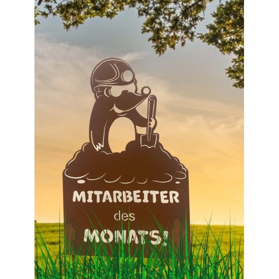 Gartenstecker Mitarbeiter des Monats - Maulwurf Schild mit lustigem Spruch - Höhe 50 cm 
Maulwurf mit Tafel: Mitarbeiter des Mo