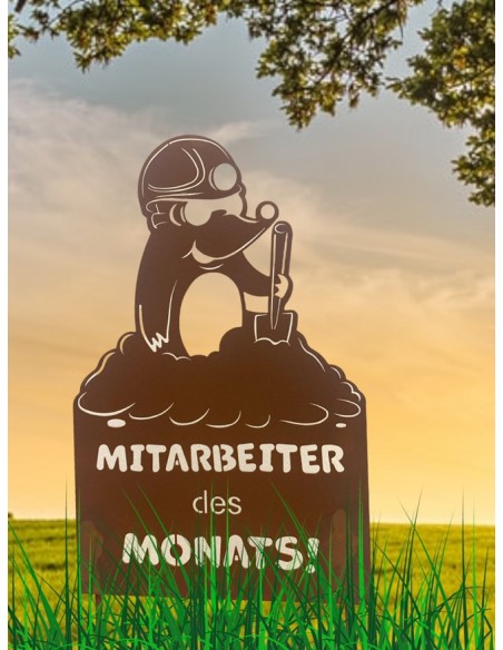 Gartenstecker Mitarbeiter des Monats - Maulwurf Schild mit lustigem Spruch - Höhe 50 cm 
Maulwurf mit Tafel: Mitarbeiter des Mo