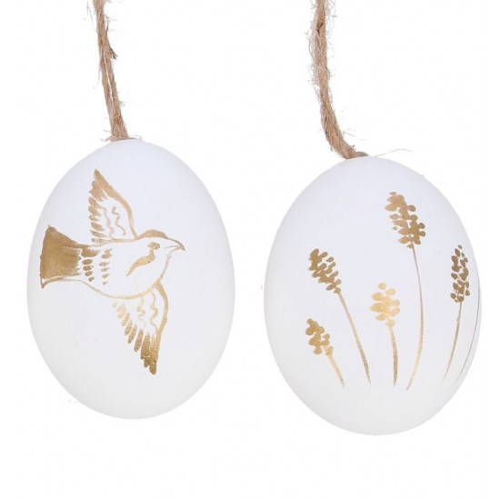 Ostereier zum Aufhängen - Natur und Bunte Deko Eier Ostereier zum Hängen - 12 Stk im Set - Weiß mit Golddekor - Echtes Hühnerei