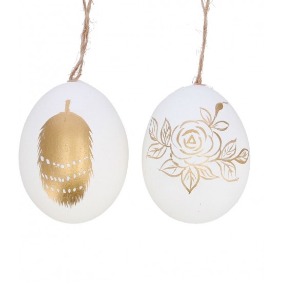 Ostereier zum Aufhängen - Natur und Bunte Deko Eier Ostereier zum Hängen - 12 Stk im Set - Weiß mit Golddekor - Echtes Hühnerei