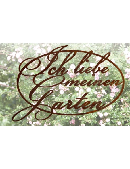 Frühlingsdeko Ich liebe meinen Garten - Schild 
Ovaler Schriftzug mit "Ich liebe meinen Garten"
Breite ca.57 cm
Höhe ca. 42 c