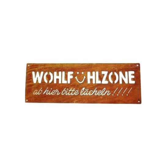 Edelrost Tafel - Wohlfühlzone, ab hier bitte lächeln !! 
Höhe 14 cm
Breite 40 cm
Dicke 1 mm