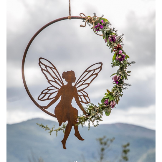 Feengarten märchenhafte Gartendeko Sitzende Deko Fee im Ring zum dekorieren - Ø 50 cm - groß Sitzende Deko Fee im Ring zum dekor