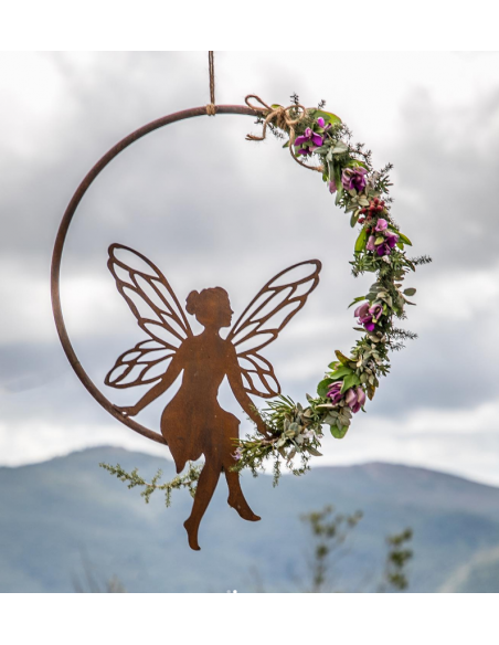 Feengarten märchenhafte Gartendeko Sitzende Deko Fee im Ring zum dekorieren - Ø 50 cm - groß Sitzende Deko Fee im Ring zum dekor