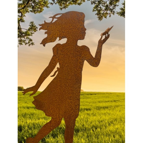 Menschen und Silhouetten Kinderfigur Mädchen - Greta - mit Schmetterling - Rückseitig mit Rohr - 110 cm hoch hübsche Gartenfigur