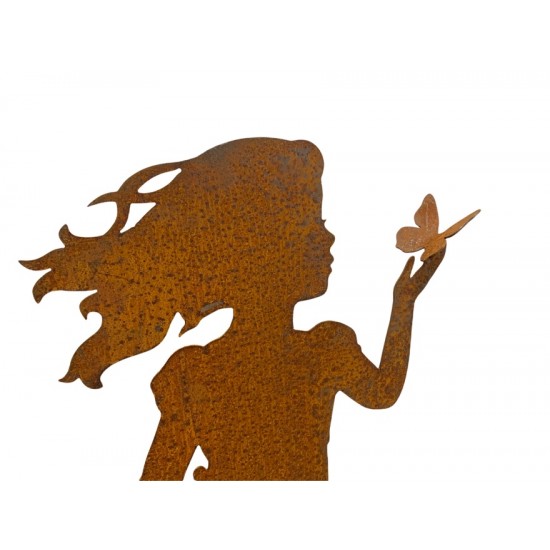 Menschen und Silhouetten Kinderfigur Mädchen - Greta - mit Schmetterling - Rückseitig mit Rohr - 110 cm hoch hübsche Gartenfigur