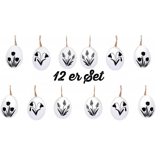 Ostereier zum Hängen - 12 Stk im Set - Frühblüher Blumen 3 versch. Motive - Echtes Hühnerei Natur 
Deko Ostereier zum