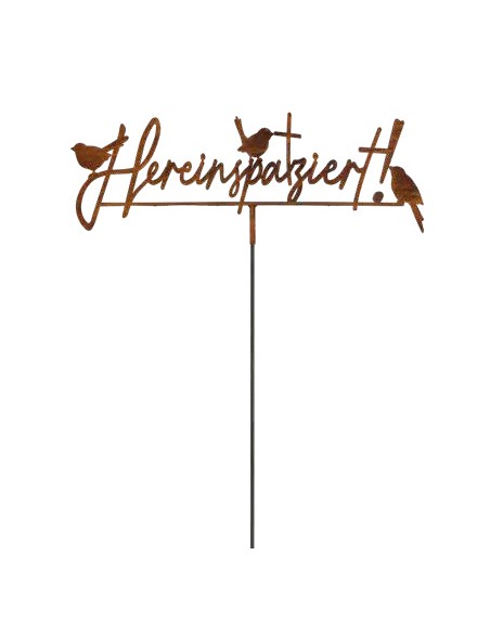 Vogel Deko Edelrost Spruch mit 3 Vögel - Hereinspatziert - mit Steckverbindung - Breite 75 cm Edelrost Spruch "Hereinspatziert" 