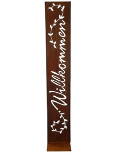 Skulpturen - Rostsäulen und Stelen Willkommen Stele mit Blätterranken - als Gartenstecker - 125 cm hoch Schöne Willkommensstele