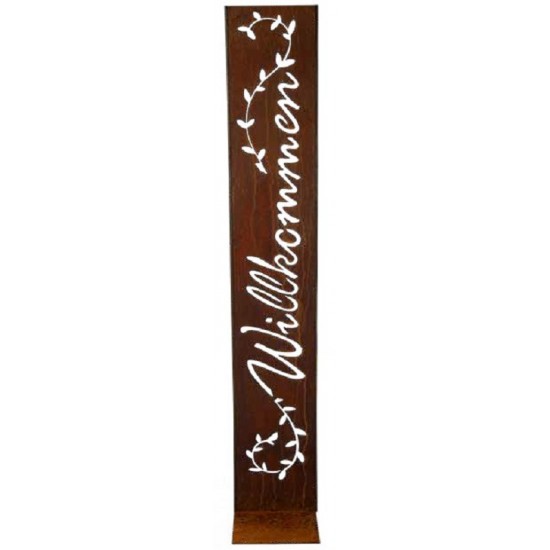 Skulpturen - Rostsäulen und Stelen Willkommen Stele mit Blätterranken - als Gartenstecker - 125 cm hoch Schöne Willkommensstele 