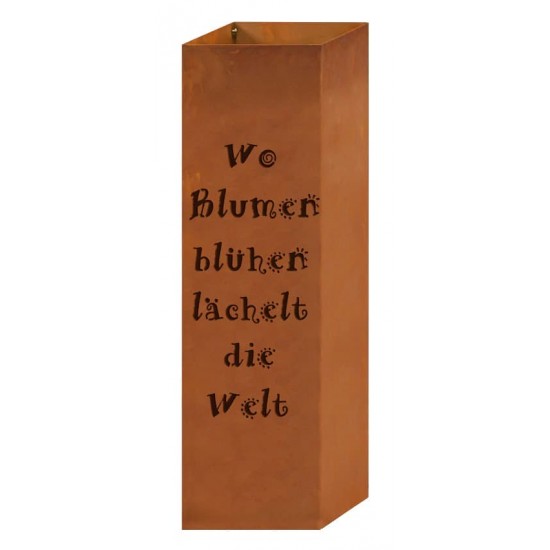 Blechschilder mit Sprüchen (ausgelasert) Rostsäule Gartengedicht - Wo Blumen blühen lächelt die Welt - 80 cm hoch 24 x 24 cm bre