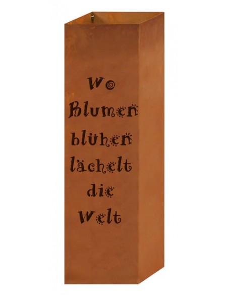 Blechschilder mit Sprüchen (ausgelasert) Rostsäule Gartengedicht - Wo Blumen blühen lächelt die Welt - 80 cm hoch 24 x 24 cm bre