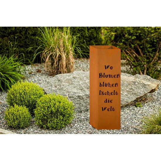 Blechschilder mit Sprüchen (ausgelasert) Rostsäule Gartengedicht - Wo Blumen blühen lächelt die Welt - 80 cm hoch 24 x 24 cm bre