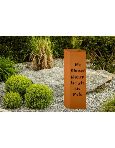 Blechschilder mit Sprüchen (ausgelasert) Rostsäule Gartengedicht - Wo Blumen blühen lächelt die Welt - 80 cm hoch 24 x 24 cm bre