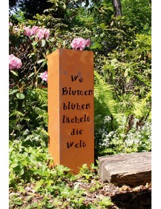 Blechschilder mit Sprüchen (ausgelasert) Rostsäule Gartengedicht - Wo Blumen blühen lächelt die Welt - 80 cm hoch 24 x 24 cm bre 2