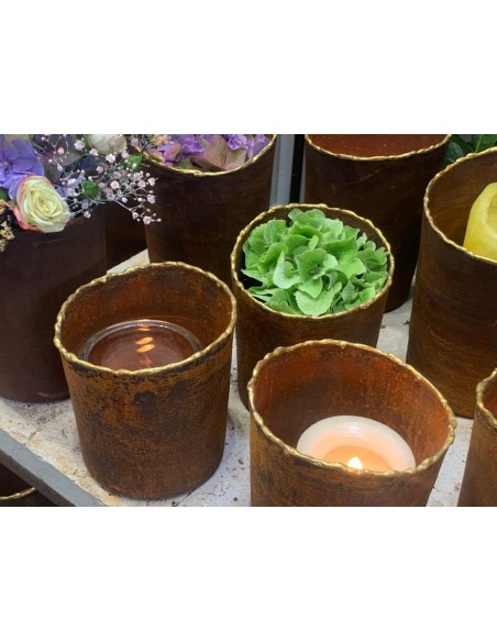 Pflanzgefäße + Schalen + Kronen Edelrost Topf mit Goldrand - Höhe 14 cm - Ø 12 cm - zum Stellen Schöner Topf aus Edelrost mit ei