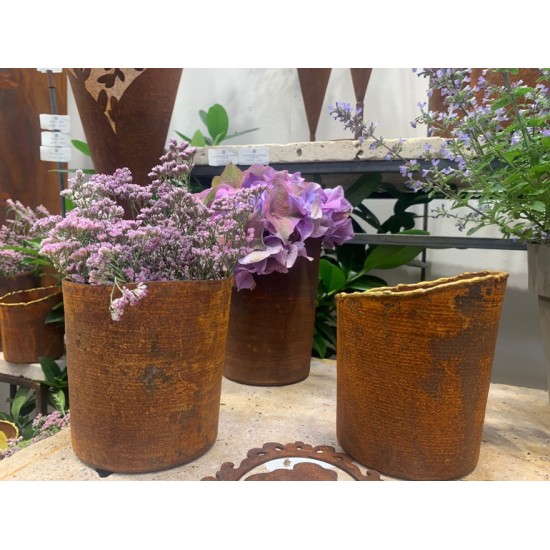 Pflanzgefäße + Schalen + Kronen Edelrost Topf mit Goldrand - Höhe 14 cm - Ø 12 cm - zum Stellen Schöner Topf aus Edelrost mit ei