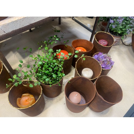 Pflanzgefäße + Schalen + Kronen Edelrost Topf mit Goldrand - Höhe 14 cm - Ø 12 cm - zum Stellen Schöner Topf aus Edelrost mit ei