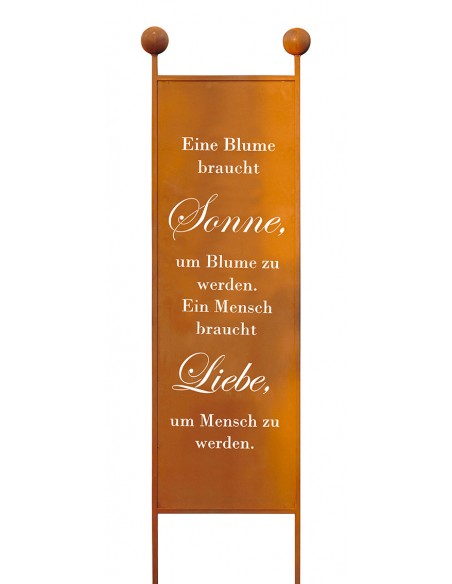 XL Gartenstecker - Eine Blume braucht Sonne, ein Mensch braucht Liebe - Höhe 205 cm - schmaler Sichtschutz Metall