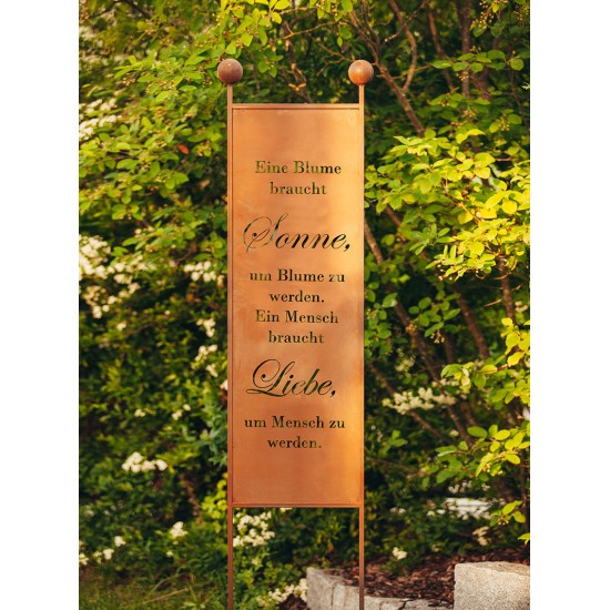 XL Gartenstecker - Eine Blume braucht Sonne, ein Mensch braucht Liebe - Höhe 205 cm - schmaler Sichtschutz Metall