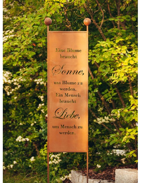 XL Gartenstecker - Eine Blume braucht Sonne, ein Mensch braucht Liebe - Höhe 205 cm - schmaler Sichtschutz Metall