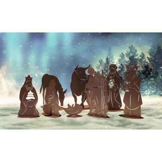 Kleine Krippenszene der heiligen Nacht - 8 Figuren aus Metall - Höhe 60 cm