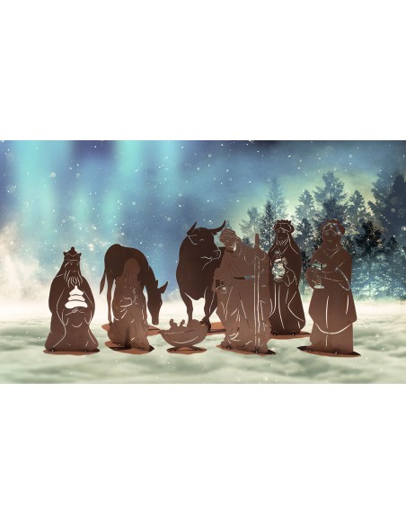 Kleine Krippenszene der heiligen Nacht - 8 Figuren aus Metall - Höhe 60 cm