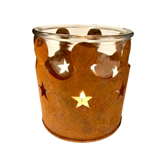 Deko Kronen aus Metall Windlicht Krone mit Sterne inkl. Glas - 10 cm Ø Schönes Windlicht zum Beleuchten für Kerzen. Der Boden is