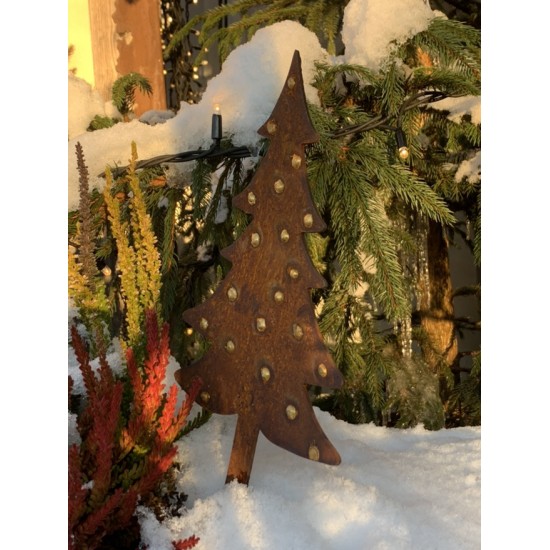 Winterdeko Kleine Weihnachtstanne mit goldenen Kugeln - Direktstecker 33 cm lang - groß 
Gartenstecker Tanne aus 2 mm Stahl mit