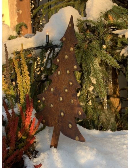 Winterdeko Kleine Weihnachtstanne mit goldenen Kugeln - Direktstecker 33 cm lang - groß 
Gartenstecker Tanne aus 2 mm Stahl mit