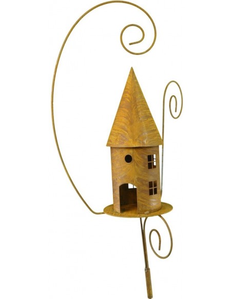 Vogelhäuser Edelrost Vogelhaus mit 3 gebogenen Stäben als Laternen und Meisenknödelhalter 
Dieses Edelrost-Vogelfutterhaus dien