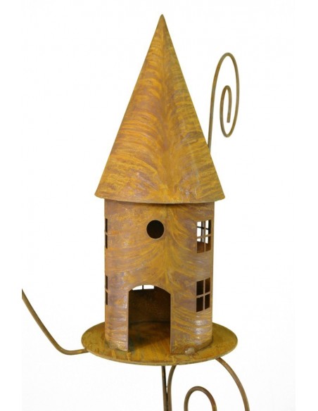 Vogelhäuser Edelrost Vogelhaus mit 3 gebogenen Stäben als Laternen und Meisenknödelhalter 
Dieses Edelrost-Vogelfutterhaus dien