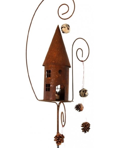 Vogelhäuser Edelrost Vogelhaus mit 3 gebogenen Stäben als Laternen und Meisenknödelhalter 
Dieses Edelrost-Vogelfutterhaus dien