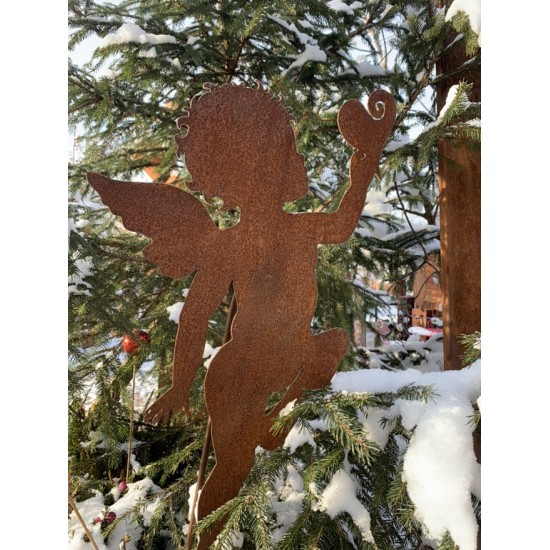 Gartenstecker für Weihnachten Engelchen Topfstecker mit Herz, Höhe 60 cm auf 45 cm Stab 
Höhe 60 cm, Breite 38 cm
Stab gebogen
